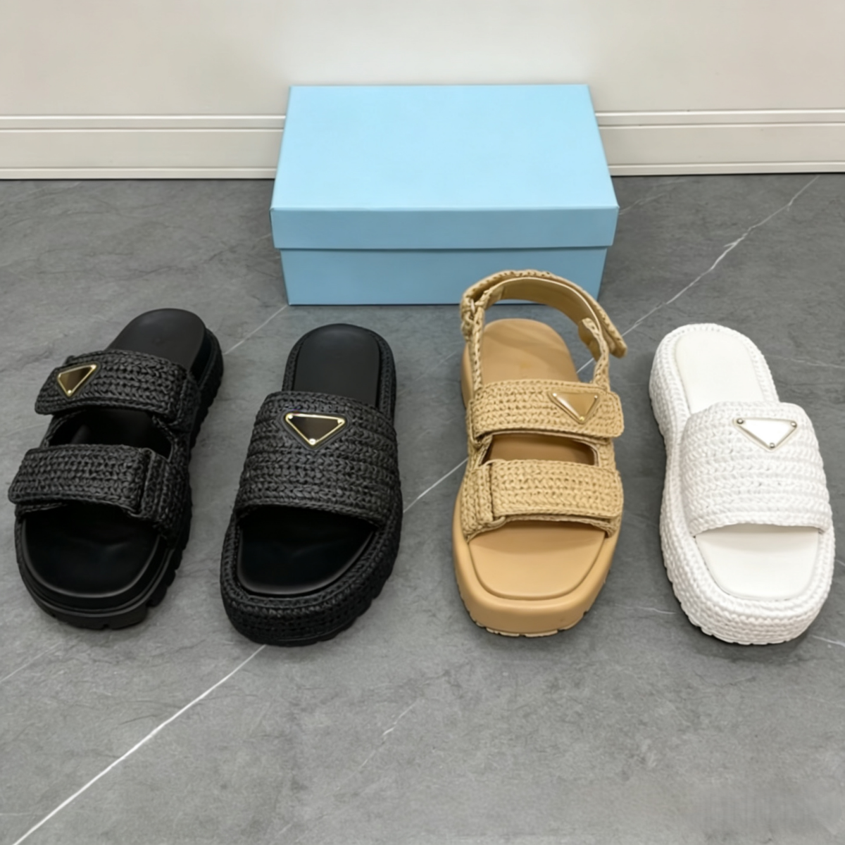 Slippers Designer Casual Sandals Women Triangle Sliders Sandal Raffias Straw Weave Platform Shoes Slide Beach Pool Flat Slipper 35-42