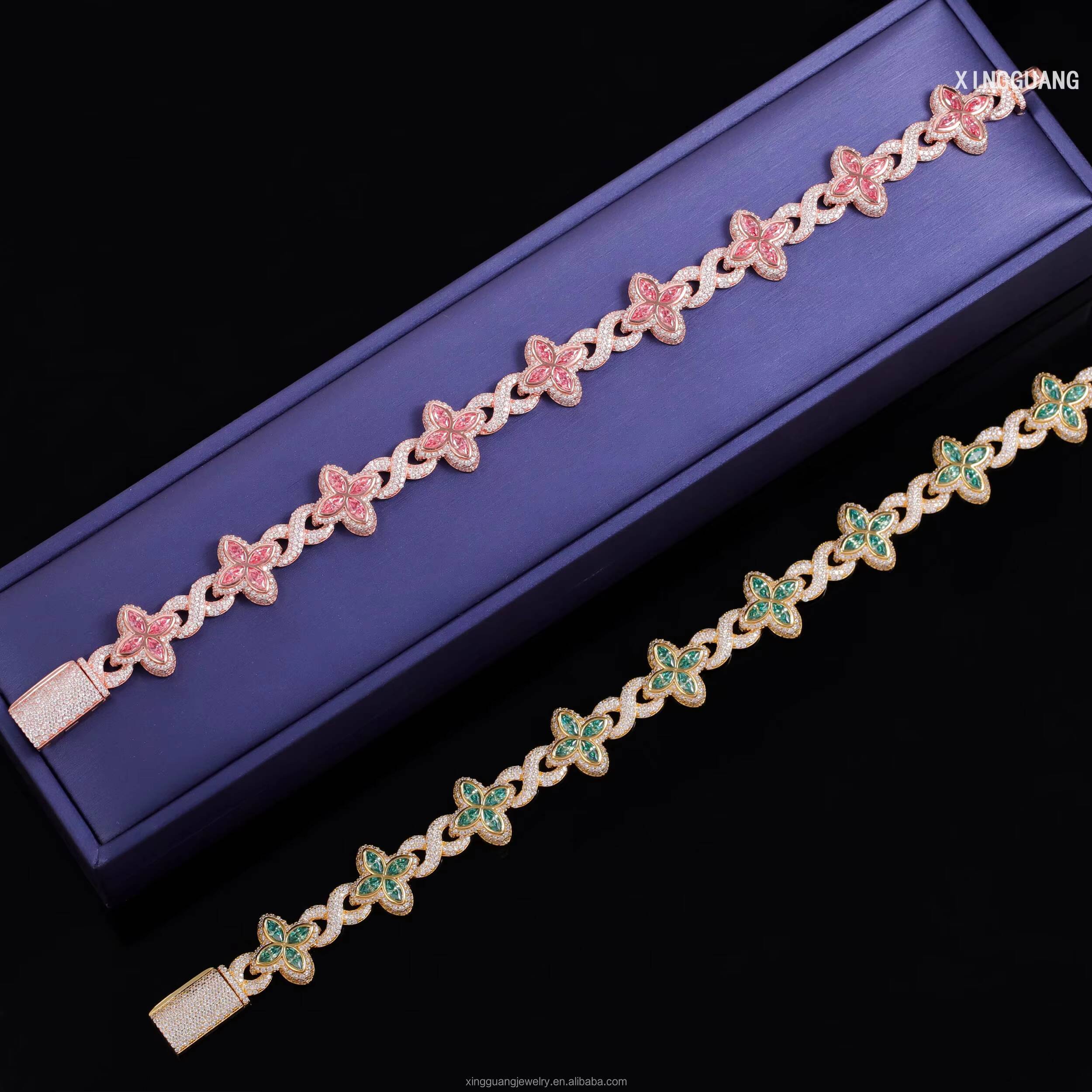 Very Beautiful New Style Cuban Bracelets S925 Silver Fancy Colors Pink Green Moissanite Diamond Gold Plated Four Clover Bracelet