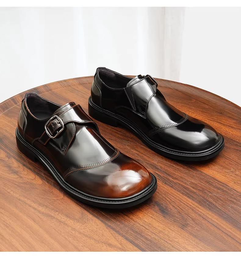Genuine Leather Men's Shoes Buckle Monk Shoes Business Breathable Casual Leather Shoes Bright round Head Trendy Shoes