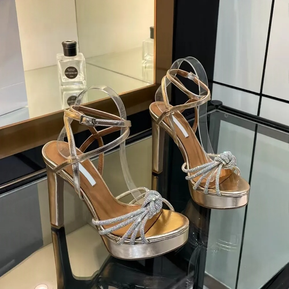 designer shoe woman Chunky high Heel Waterproof Platform Sandals Genuine Leather Rhinestones Ankle Strap Party dress Shoes Luxury aquazzurra heel Sandal with box