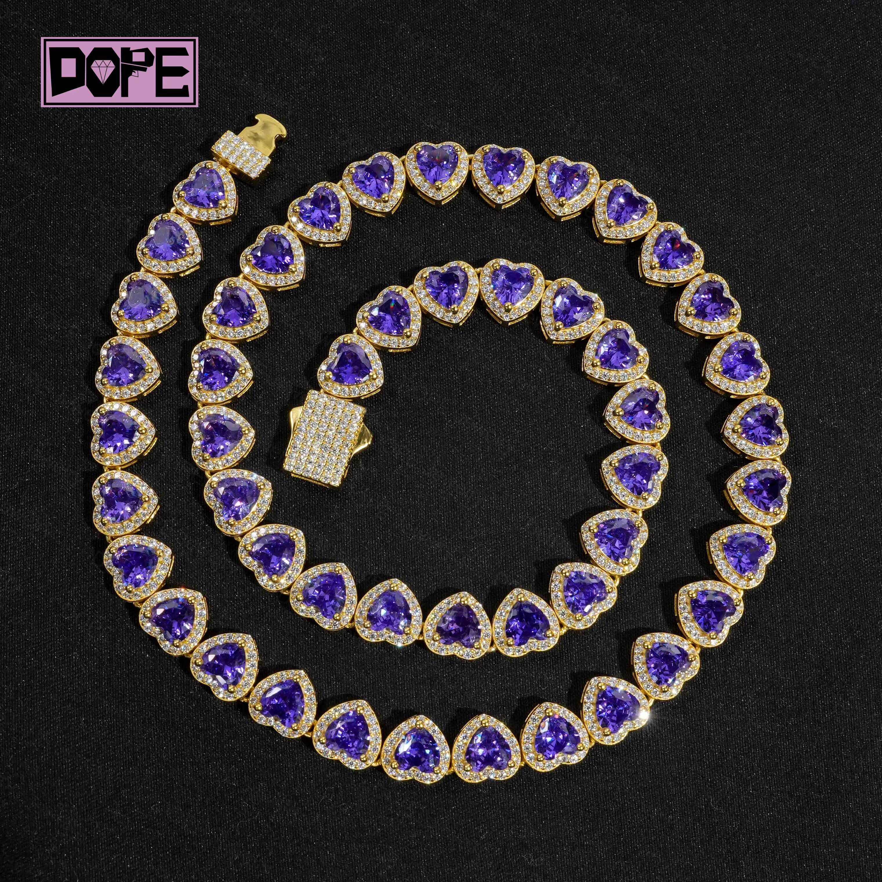 Hip Hop 10mm Moissanite Tennis Chain Cluster Heart Shape Iced Out 925 Sterling Silver Heart Tennis Necklace