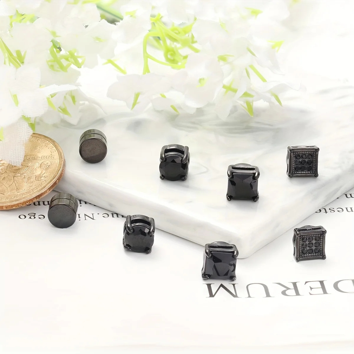 4 Pairs Fashion Style Mens Stainless Steel Magnetic Stud Earrings Sparkling Cubic Zirconia Strong Hold Non-Piercing Ear Clasps 260129