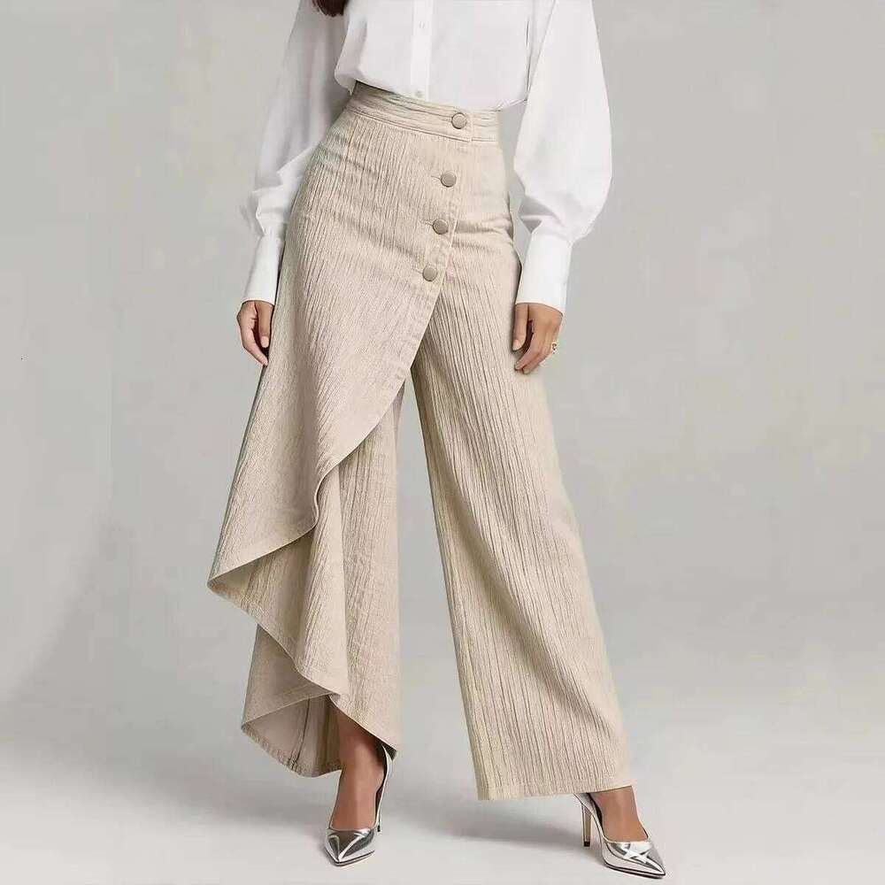 2026 New Long Hem Solid Color Casual Faux Denim Printed Buttoned Skinny Pants
