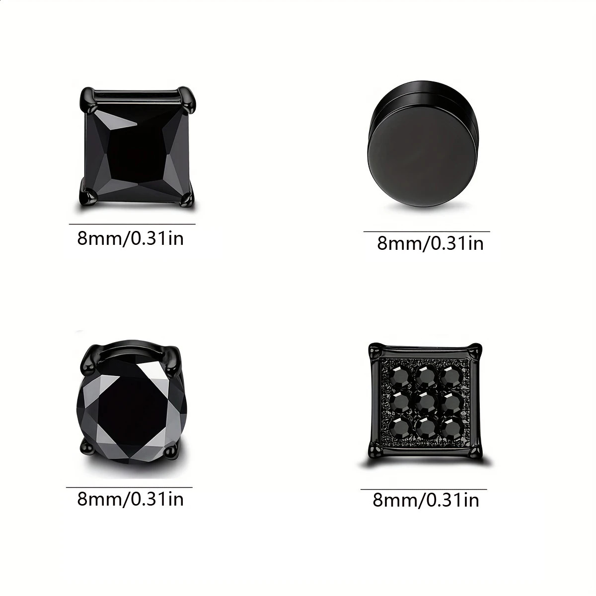 4 Pairs Fashion Style Mens Stainless Steel Magnetic Stud Earrings Sparkling Cubic Zirconia Strong Hold Non-Piercing Ear Clasps 260129
