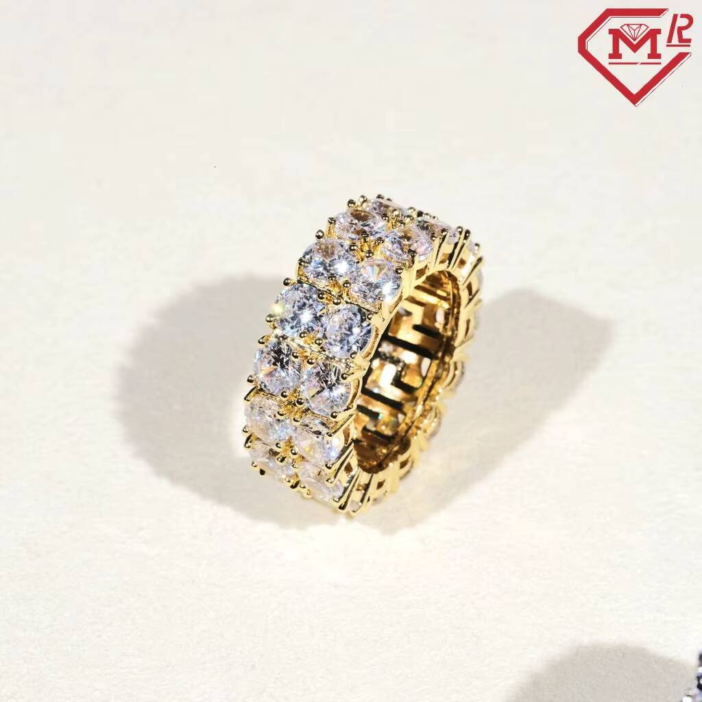 Bling Moissanite Ring Men 925 Sterling Silver Hip Hop Diamond Double Row Ring Pave Setting Moissanite Ring