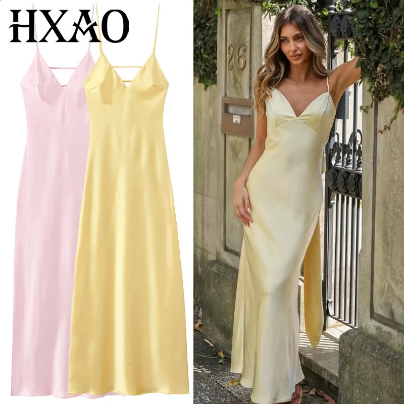 HXAO Womens Yellow Slip Dress Summer 2025 Woman Satin VNeck Party Dresses Elegant Evening Sleeveless Backless Long Vestidos 066 260202