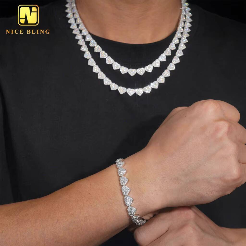 Valentines Day Gift 8mm Heart Shape Hip Hop Rock Moissanite Miami Cuban Chain 925 Silver Moissanite Cuban Bracelet