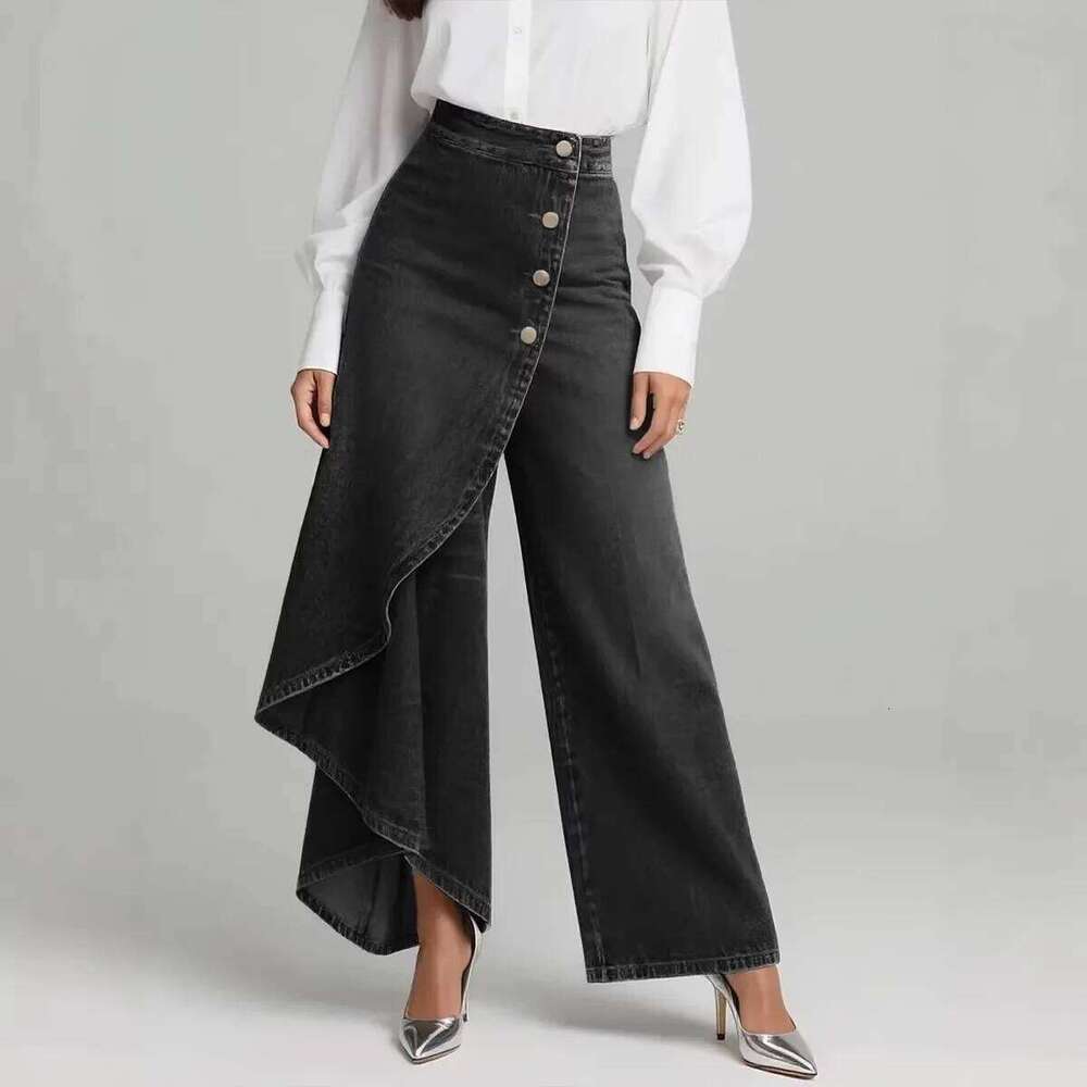 2026 New Long Hem Solid Color Casual Faux Denim Printed Buttoned Skinny Pants