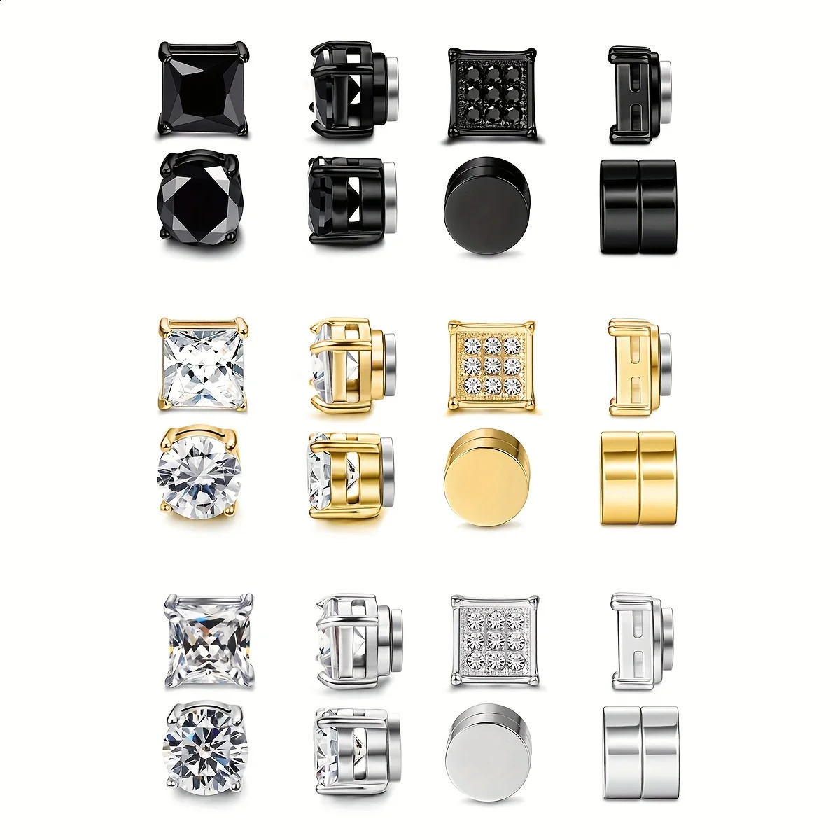 4 Pairs Fashion Style Mens Stainless Steel Magnetic Stud Earrings Sparkling Cubic Zirconia Strong Hold Non-Piercing Ear Clasps 260129