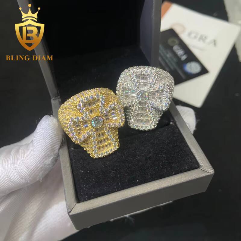 Hot Sale Cross Shape Ring 925 Sterling Silver Moissanite Rings Iced Out Moissanite Hip Hop Style Jewelry Pass Diamond Test GRA