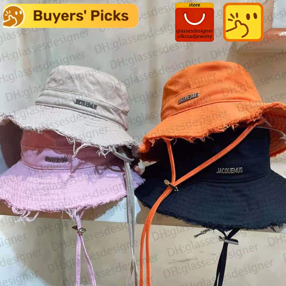 jacquemes Les Classiques Frayed Expedition Hat - Designer Cotton Bucket Hat with Silver Metal Logo & Topstitched Brim - Long Adjustable Strap Summer Beach Holiday Hats