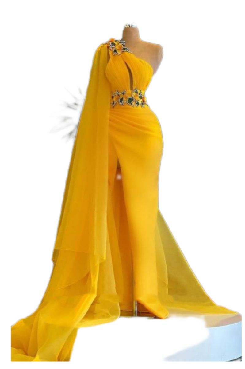 Aso Ebi Arabic Yellow Mermaid Prom Dress lace Beaded Evening Formal Party Second Reception Birthday Engagement Gowns Dresses Robe De Soiree F16