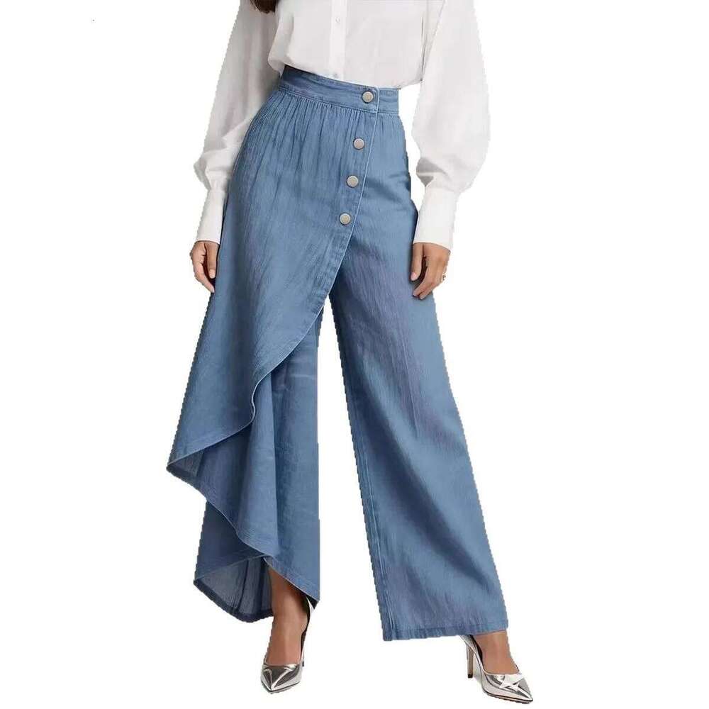 2026 New Long Hem Solid Color Casual Faux Denim Printed Buttoned Skinny Pants