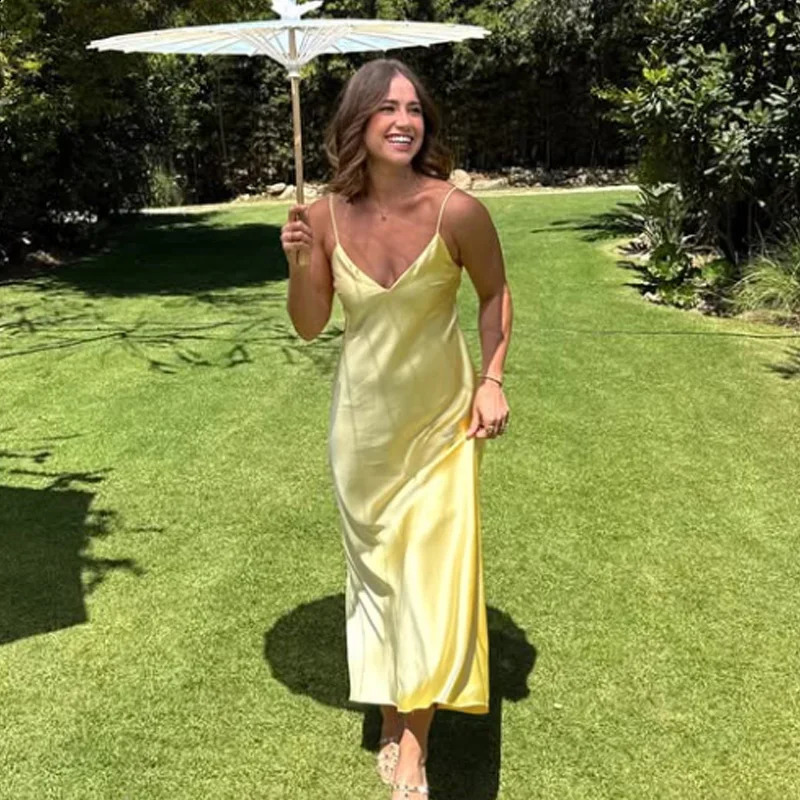 HXAO Womens Yellow Slip Dress Summer 2025 Woman Satin VNeck Party Dresses Elegant Evening Sleeveless Backless Long Vestidos 066 260202