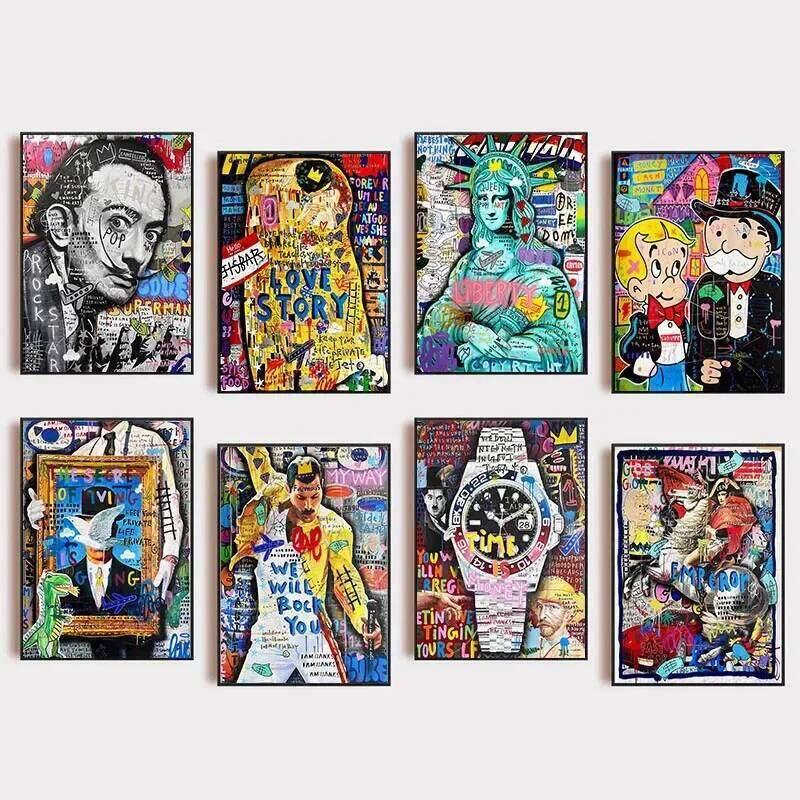 Graffiti Posters Banksy Style Canvas Love Kiss Richie Rich Wall Art Picitures Prints Mona Liberty Home Decor Painting 26Y0210