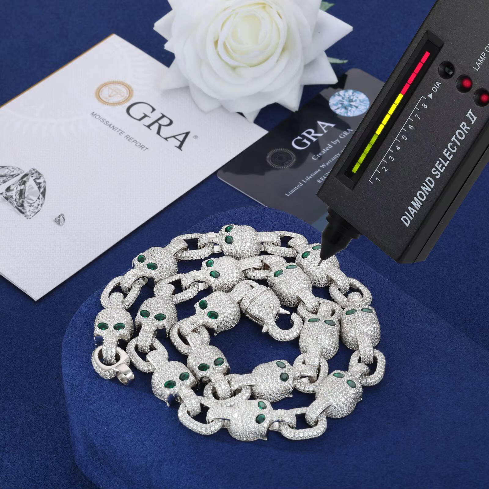 Customized Personality Design Men Jewelry 13MM 925 Silver VVS Moissanite Iced Out Green Eye Skull Link Chain Necklace