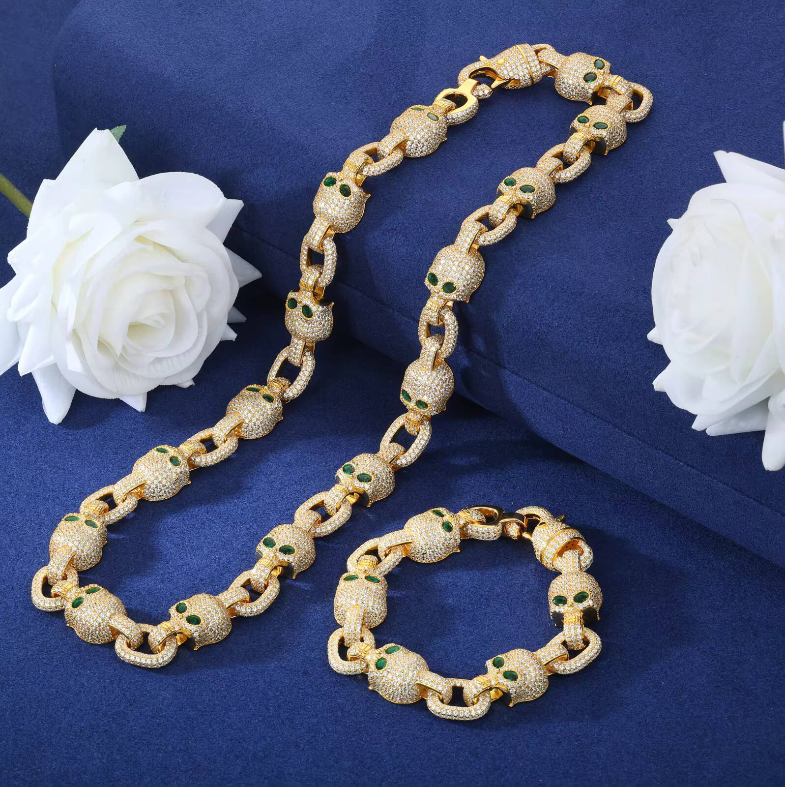 Customized Personality Design Men Jewelry 13MM 925 Silver VVS Moissanite Iced Out Green Eye Skull Link Chain Necklace