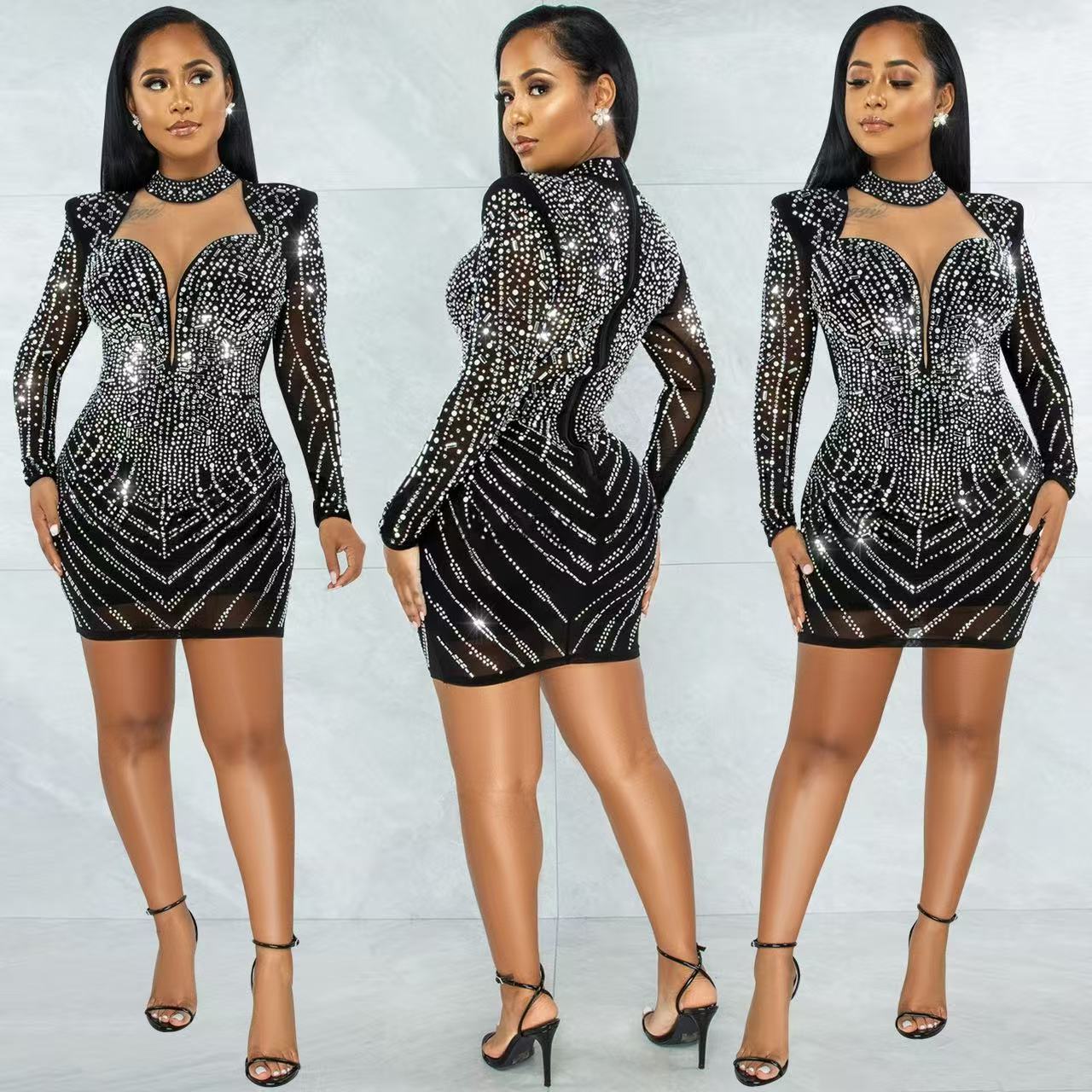 Casual Dresses Zoctuo Black Christmas Dress Women Shiny Long Sleeve Mesh Patchwork Rhinestones Bodycon Mini Elegant Party Prom Vestidos