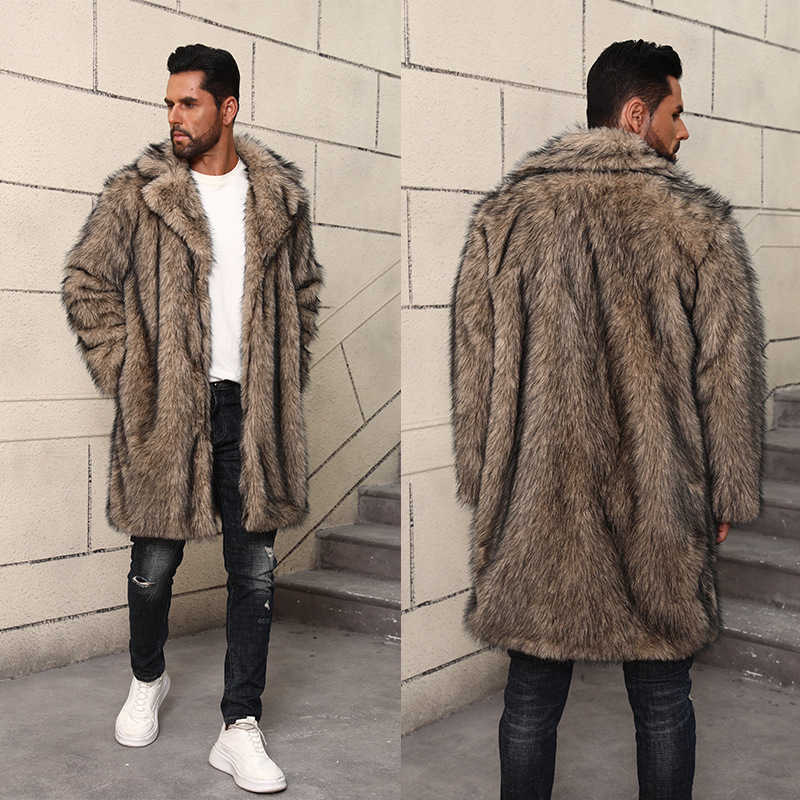 Faux Fur Coat for Men Mid-Length British Style with Suit Collar Warm Faux Fur Imitation Fur Coat