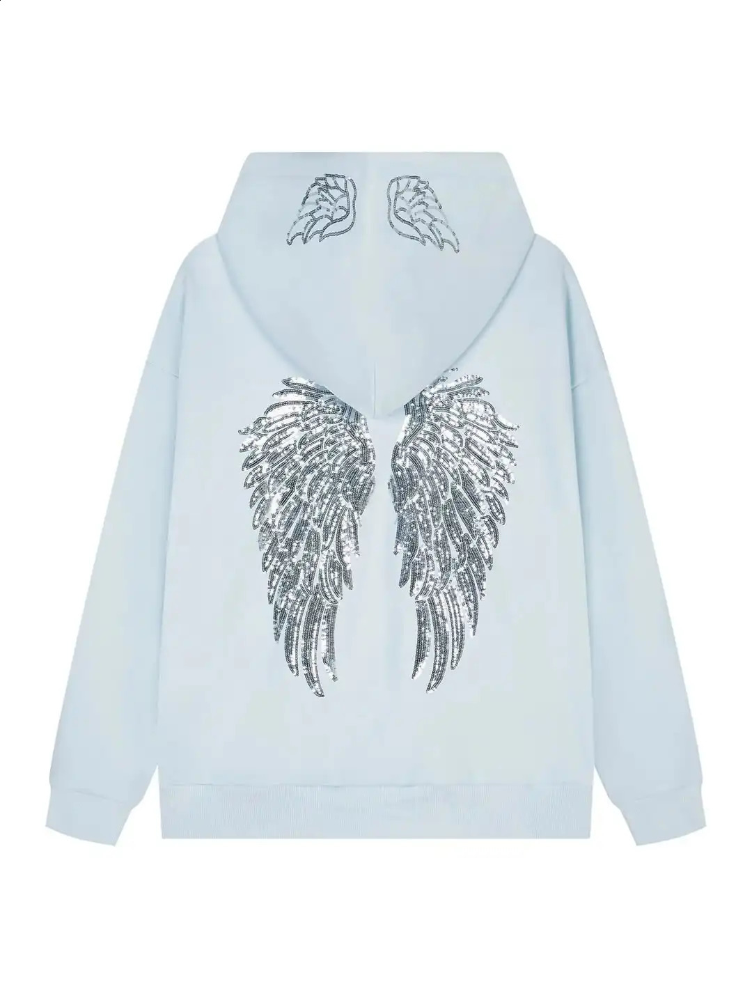 All Top Quality Aesthetic Silvery Wing Pattern Casual Oversizeds Style Hooded Pullovers Simple White Sweatshirts 260126