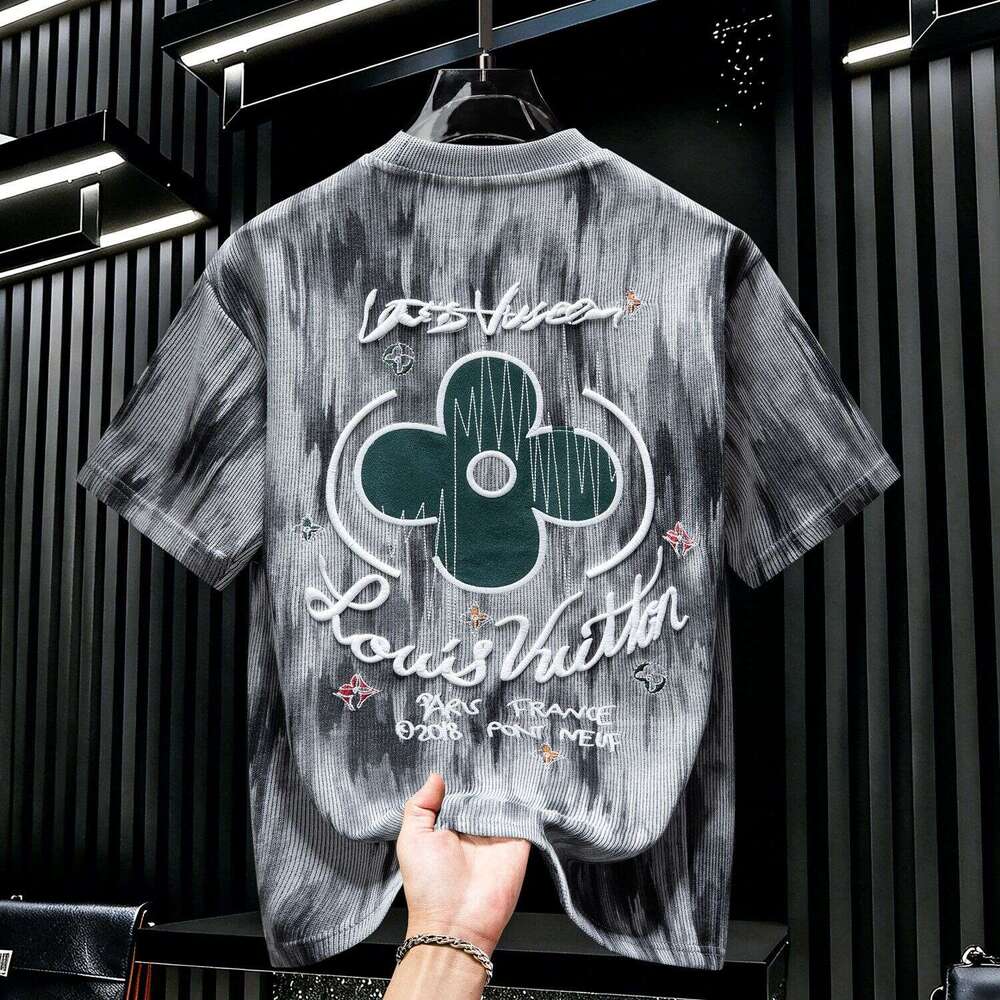 American-Style High-End Tie-Dye Embroidered Short-Sleeve T-Shirt, 2026 New Summer Trendy Light Luxury Men's Half-Sleeve Top