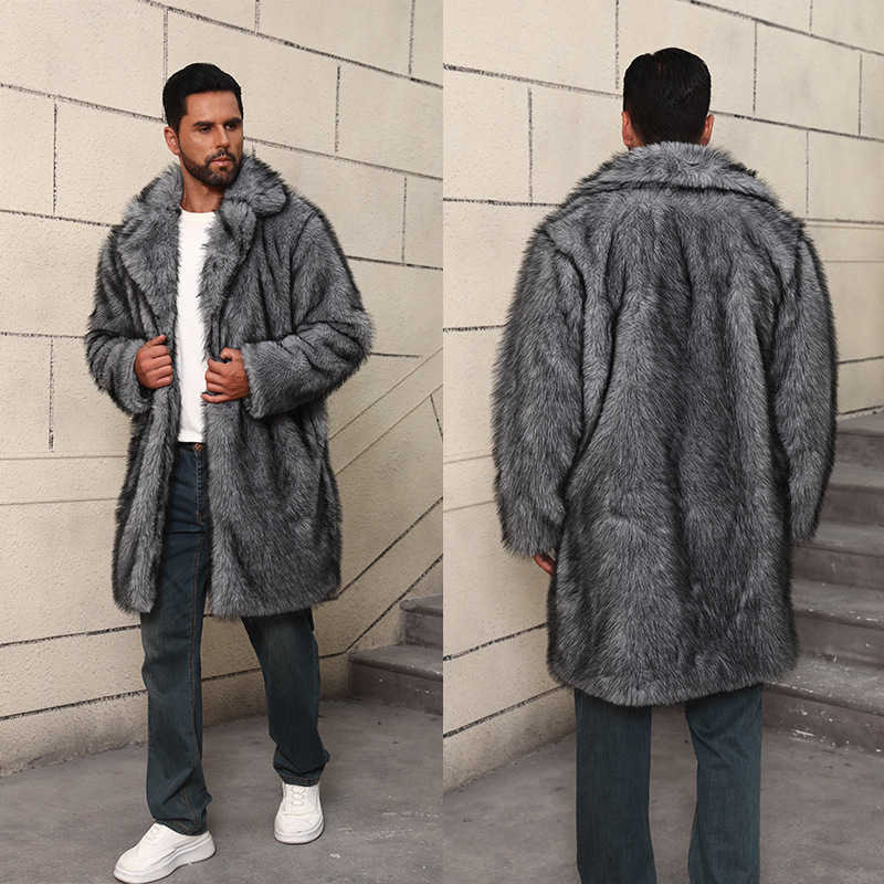 Faux Fur Coat for Men Mid-Length British Style with Suit Collar Warm Faux Fur Imitation Fur Coat