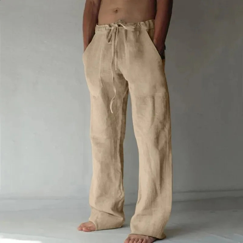 Mens Cotton Linen Long Pants Summer Solid Color Breathable Linen Trousers Male Casual Elastic Waist Casual Pants Harajuku Trous 260118