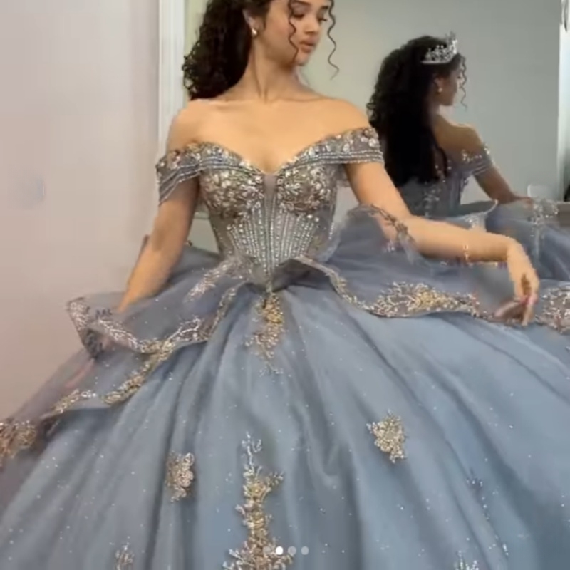 Navy Blue Shiny Quinceanera Dresses Ball Gown Off The Shoulder Applique Lace Beading Crystal Bow Tull Sweet 16 Dress Vestidos 15 Anos