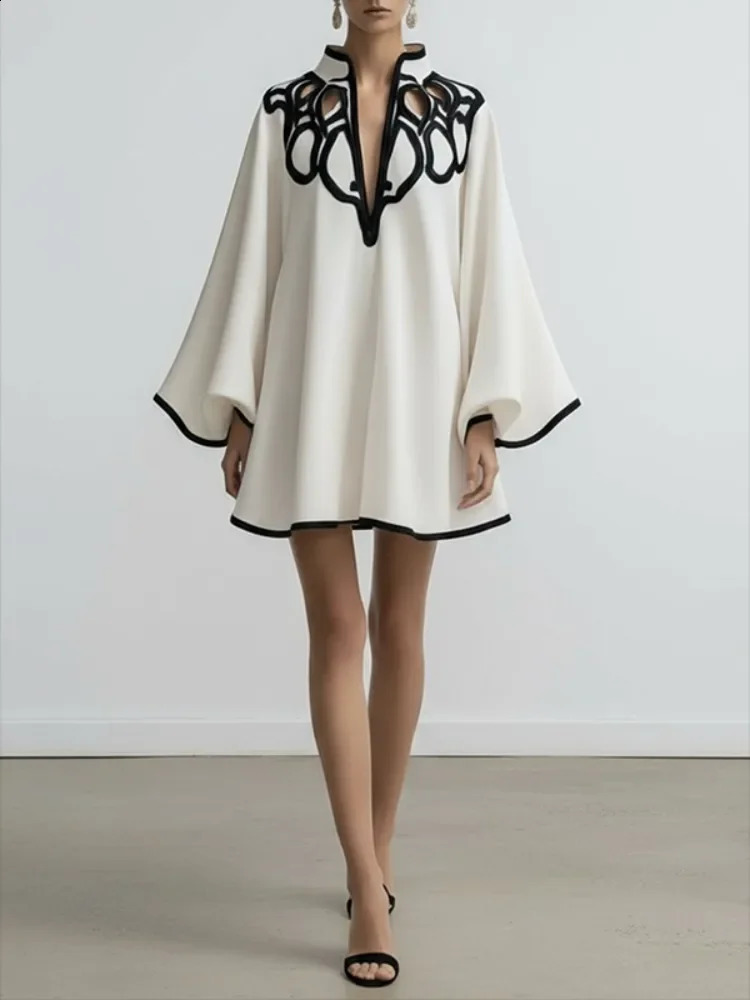 2026 Hollowed Vneck Mini Dress for Women Flared Sleeves Pleated Spring Stylish Contrast Trims Elegant Party 260625 - view 3
