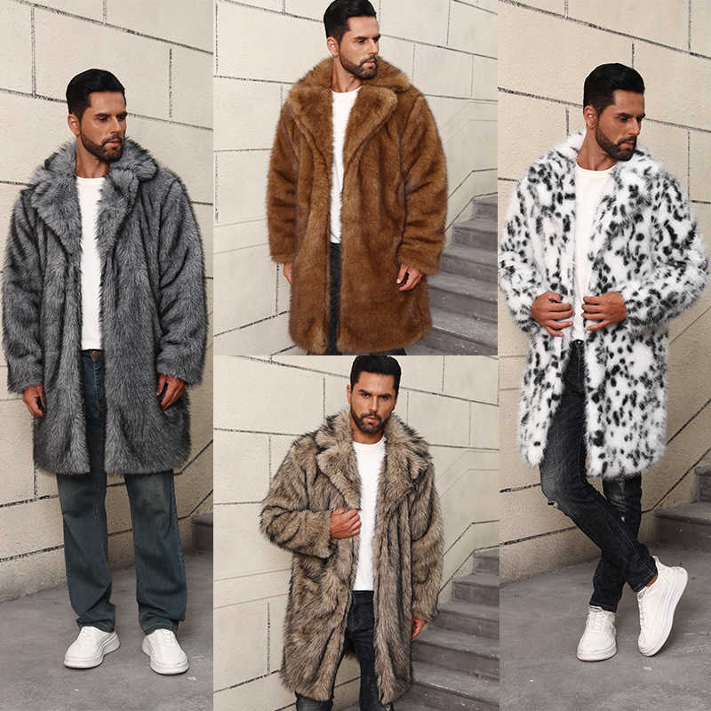 Faux Fur Coat for Men Mid-Length British Style with Suit Collar Warm Faux Fur Imitation Fur Coat