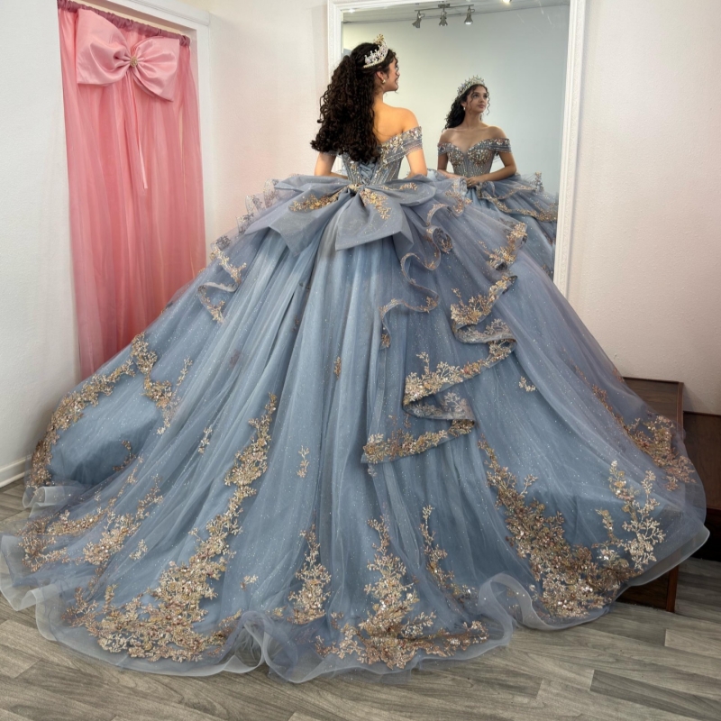Navy Blue Shiny Quinceanera Dresses Ball Gown Off The Shoulder Applique Lace Beading Crystal Bow Tull Sweet 16 Dress Vestidos 15 Anos