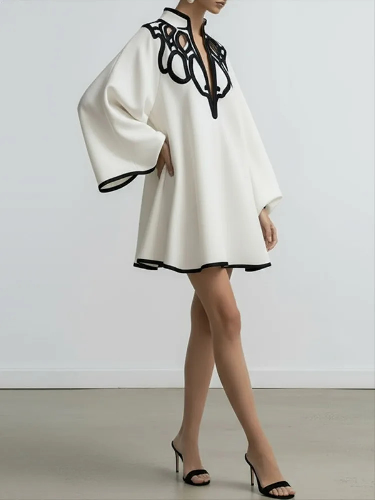 2026 Hollowed Vneck Mini Dress for Women Flared Sleeves Pleated Spring Stylish Contrast Trims Elegant Party 260625 - view 5