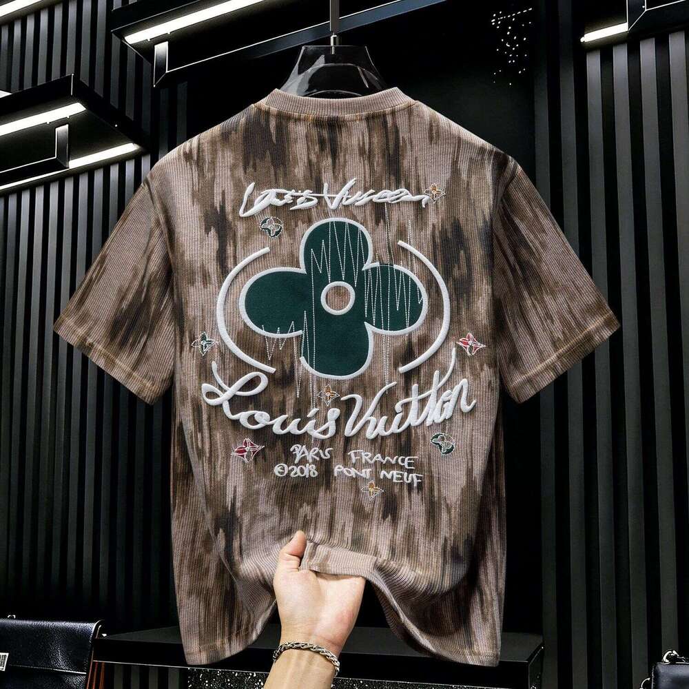 American-Style High-End Tie-Dye Embroidered Short-Sleeve T-Shirt, 2026 New Summer Trendy Light Luxury Men's Half-Sleeve Top