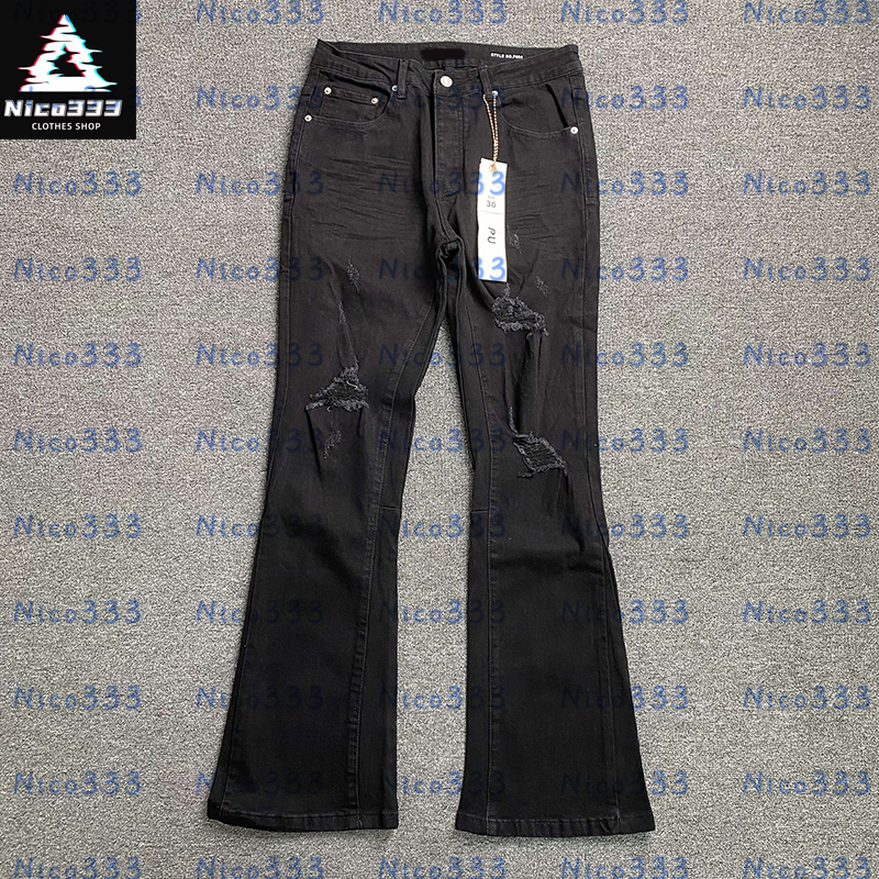 Purple flared jeans broken holes wrinkled diamonds splash ink splicing color collision loose street men women casual straight jeans