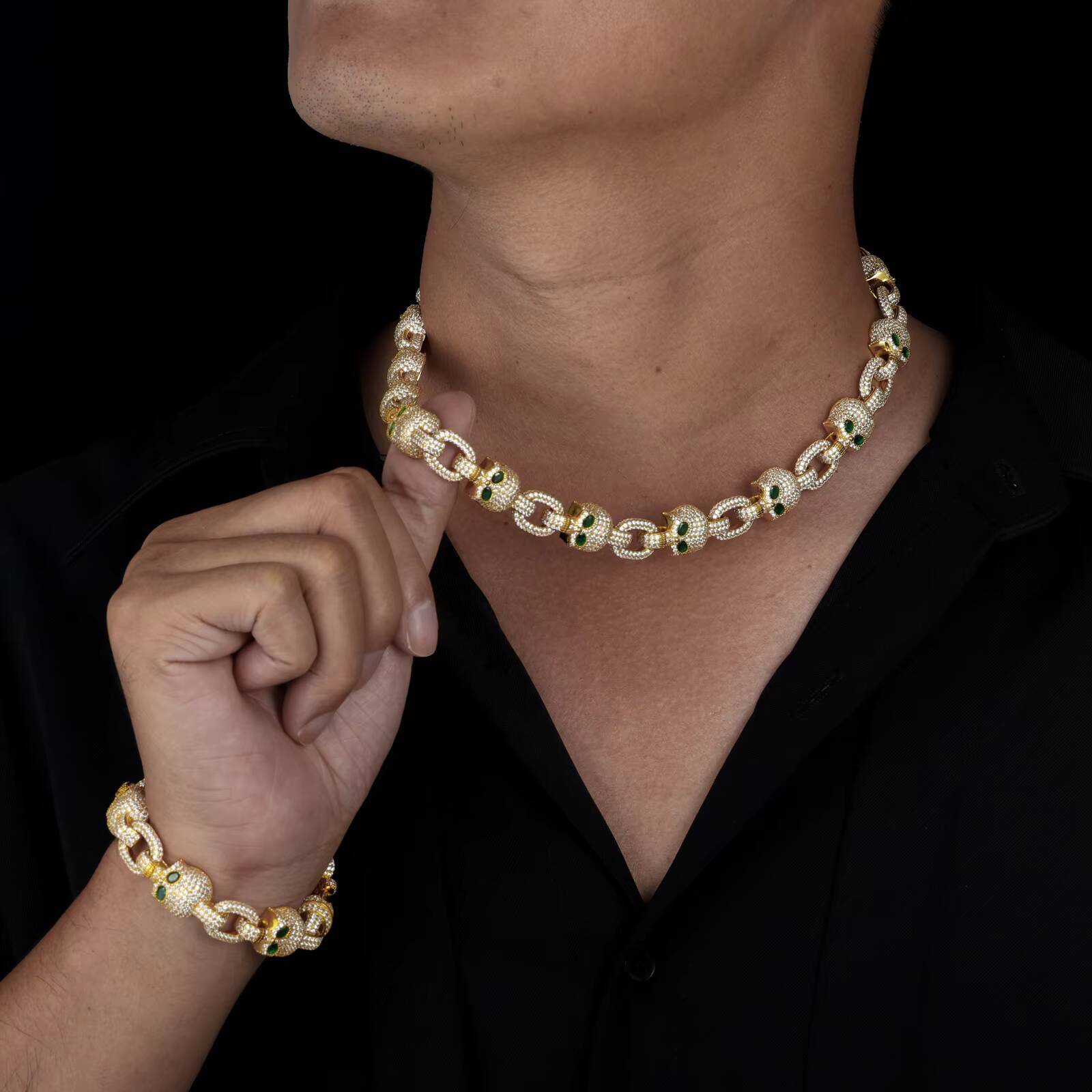 Customized Personality Design Men Jewelry 13MM 925 Silver VVS Moissanite Iced Out Green Eye Skull Link Chain Necklace