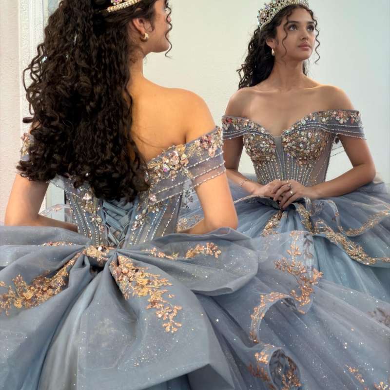Navy Blue Shiny Quinceanera Dresses Ball Gown Off The Shoulder Applique Lace Beading Crystal Bow Tull Sweet 16 Dress Vestidos 15 Anos