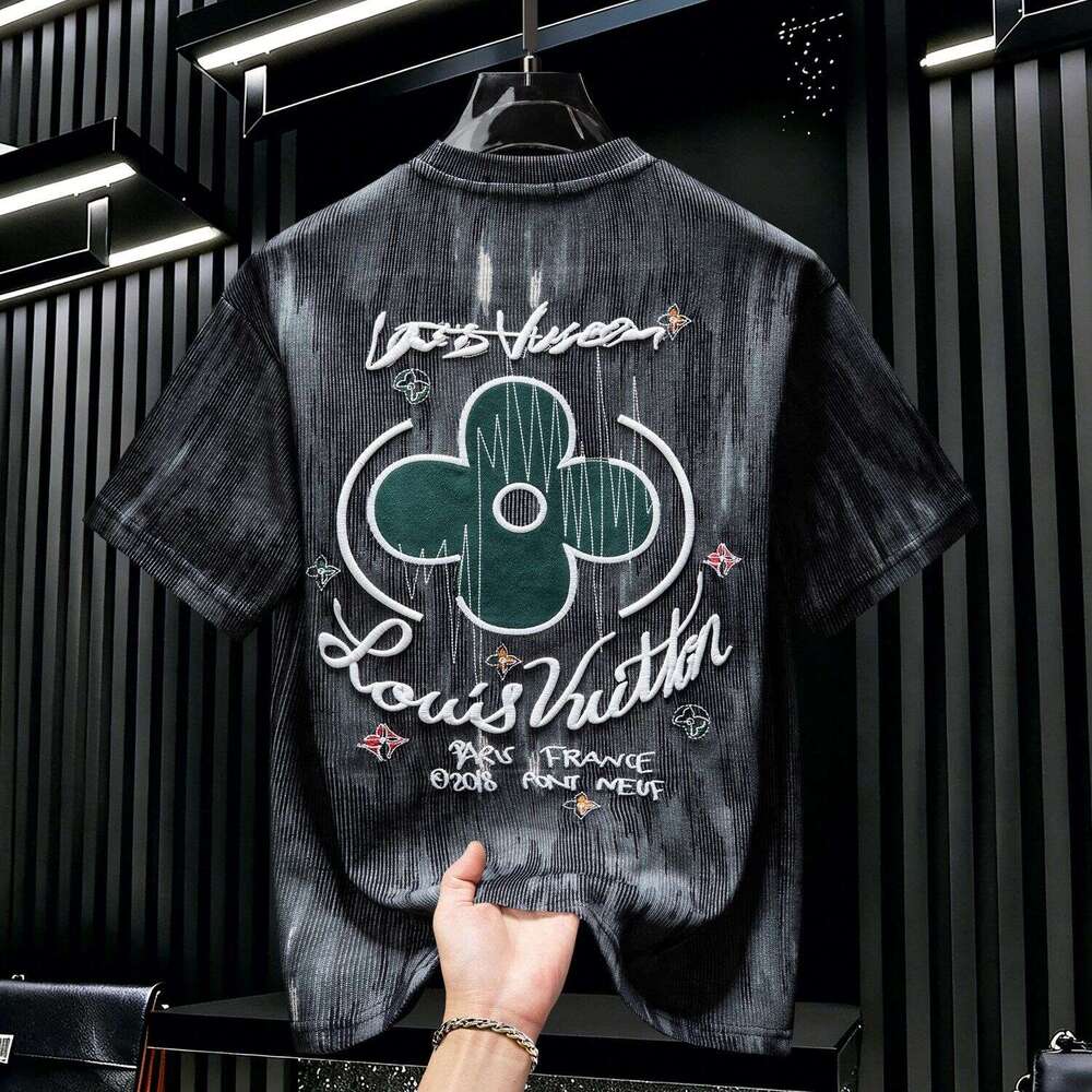 American-Style High-End Tie-Dye Embroidered Short-Sleeve T-Shirt, 2026 New Summer Trendy Light Luxury Men's Half-Sleeve Top