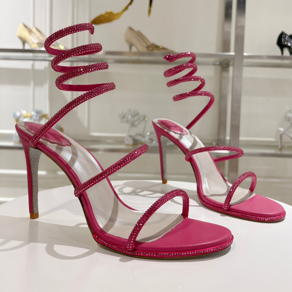 Crystals Embellished rhinestone Heels sandals 95mm Designers Ankle Wraparound women high heeled sandal flower rhinestone Evening shoes high quality with box