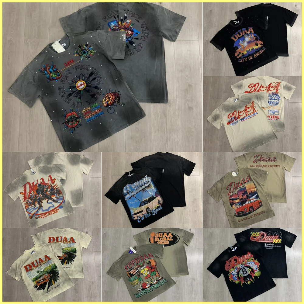Duaa shirt Designer Duaa Risk SS shirt Men's shirtWhite Ink Direct Printing with Rhinestones Weathered Washed Short Sleeve shirt 1f