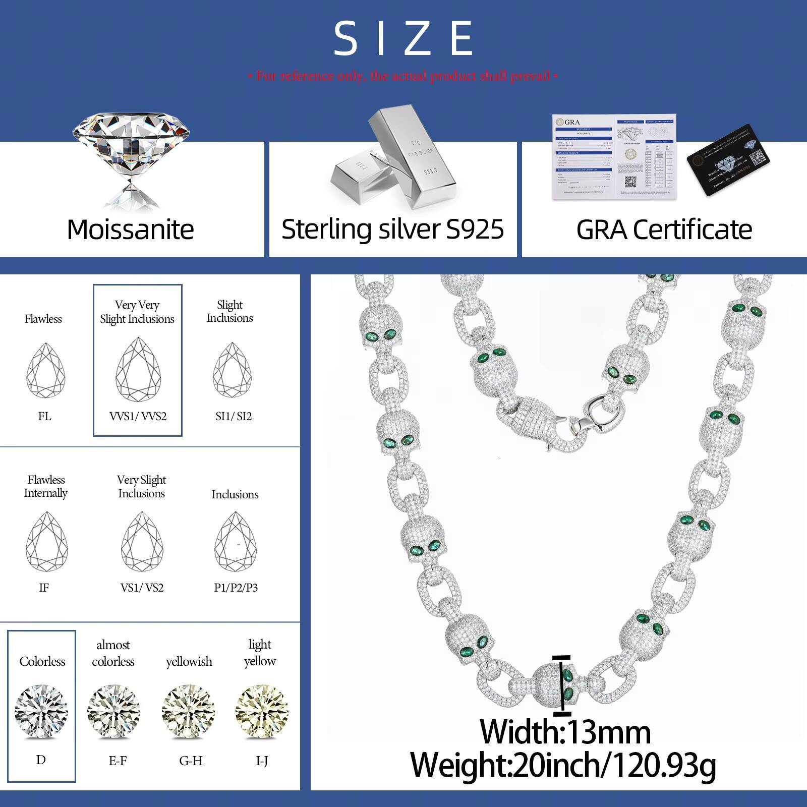 Customized Personality Design Men Jewelry 13MM 925 Silver VVS Moissanite Iced Out Green Eye Skull Link Chain Necklace