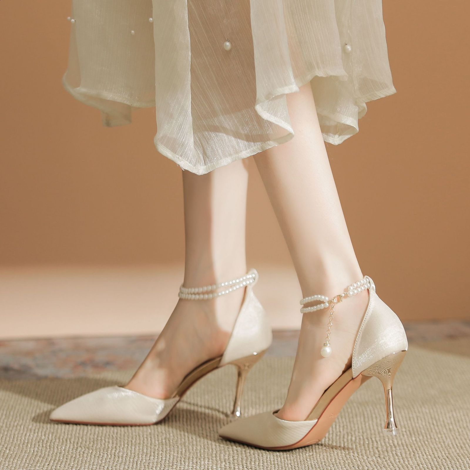 Spring Womens Wedding Shoes High Heel Shoe Pearl Silk White High Heels Ladies Sexy Dot Toe Pearl Pump 241223