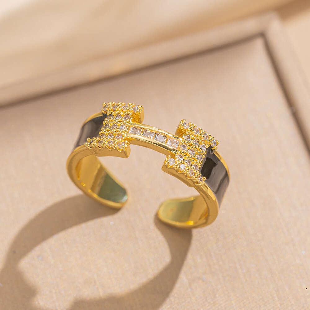 Cross-Border Hot-Selling H-Shaped Light Luxury Design Sense Couple Micro Pave Zircon Black White Open Adjustable Rings For Men And Women