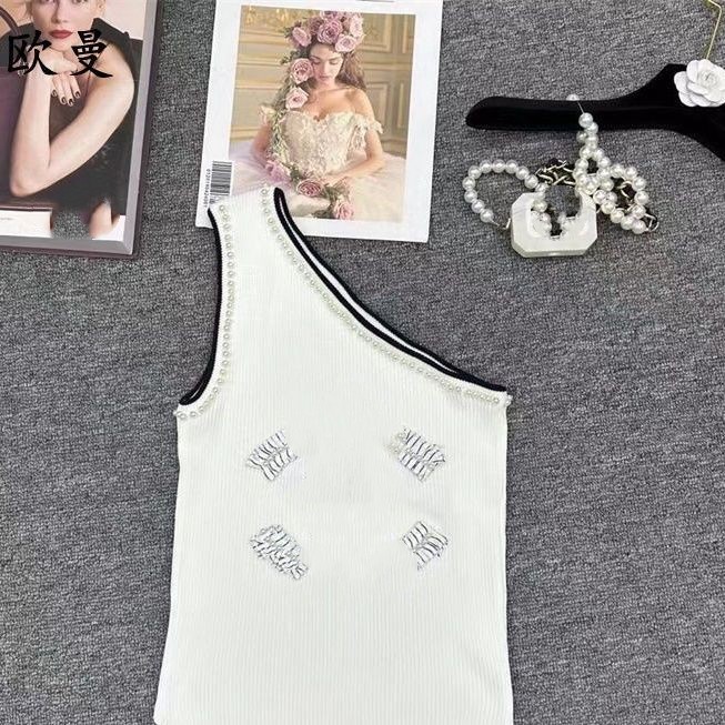 Women new sexy single shoulder beading sequined knitted designer vest logo embroidery tanks camis SML