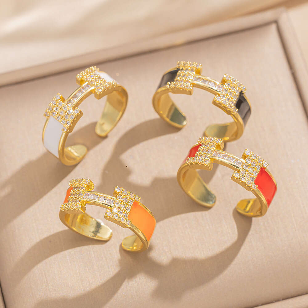 Cross-Border Hot-Selling H-Shaped Light Luxury Design Sense Couple Micro Pave Zircon Black White Open Adjustable Rings For Men And Women