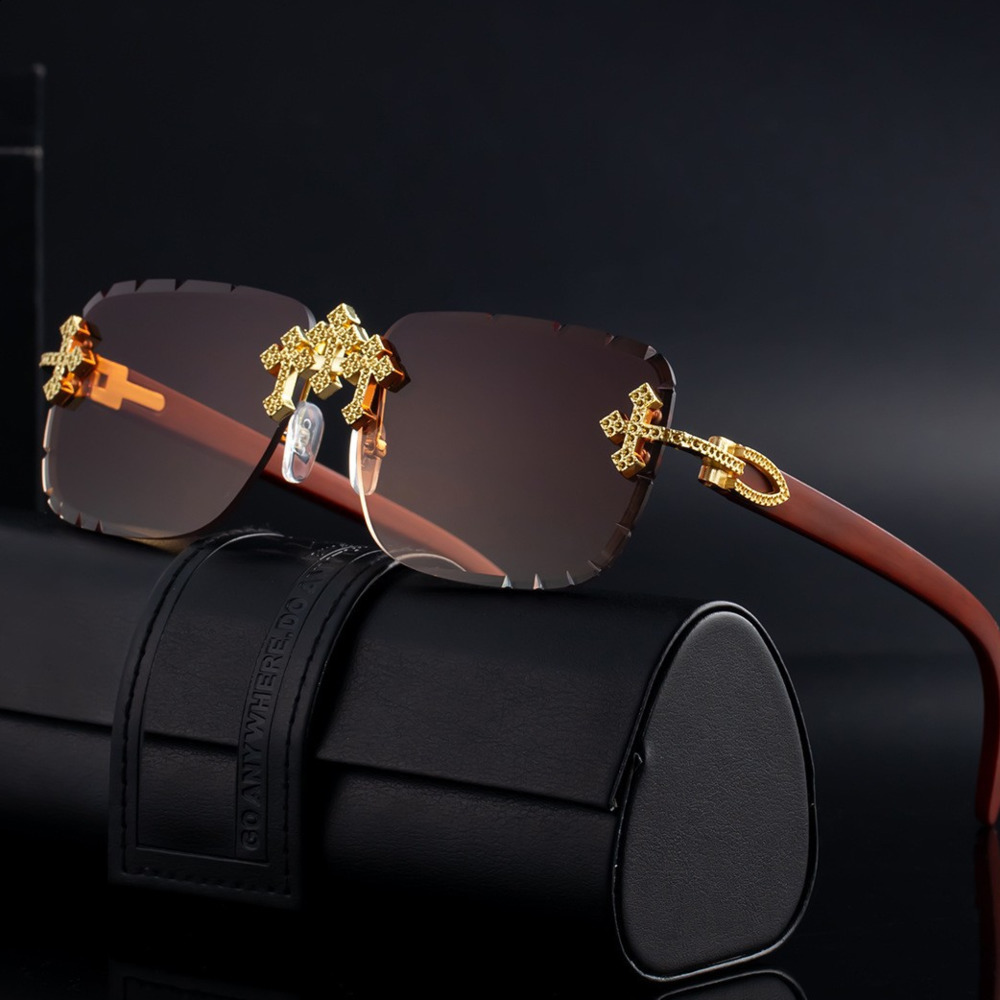 Fashion Square Rimless Sunglasses For Women Cross Diamond Metal Frame Eyewear Cut Lens UV400 Shades Sun Glasses 251129