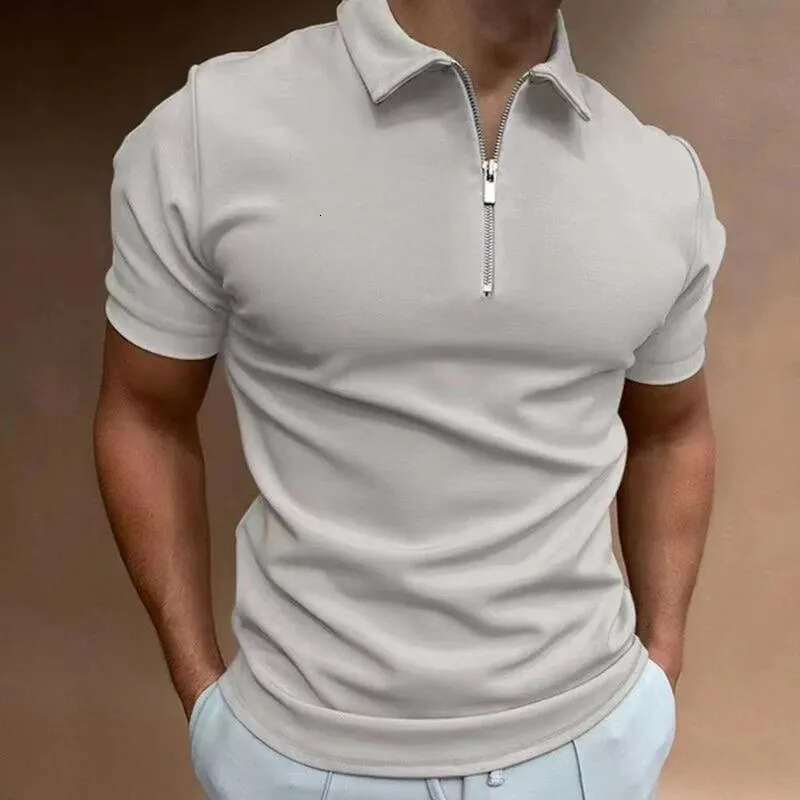 Men's Polo Shirts Solid Color Short Sleeve Zip Collar Casual Top High Quality Summer Street wear by Harajuku