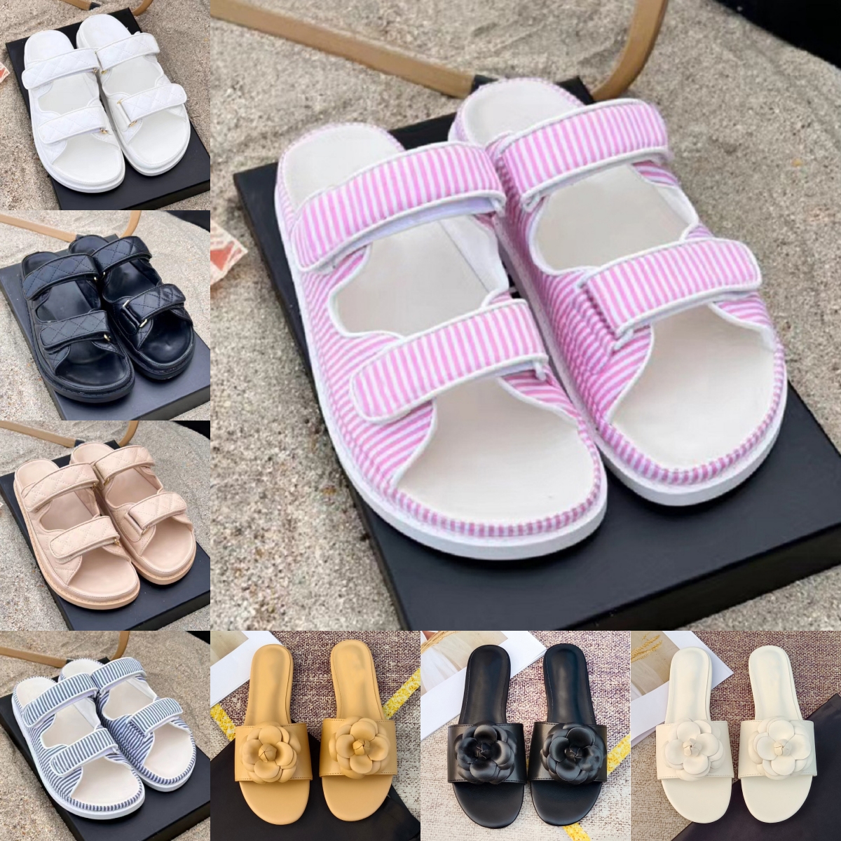 Metallic Designer Slippers Women Luxury Sandals Flat Slides Fashion Letters Crystals Denim Black White Pink Beige Lady Spring Summer Beach Casual Flip Flops Sucffs