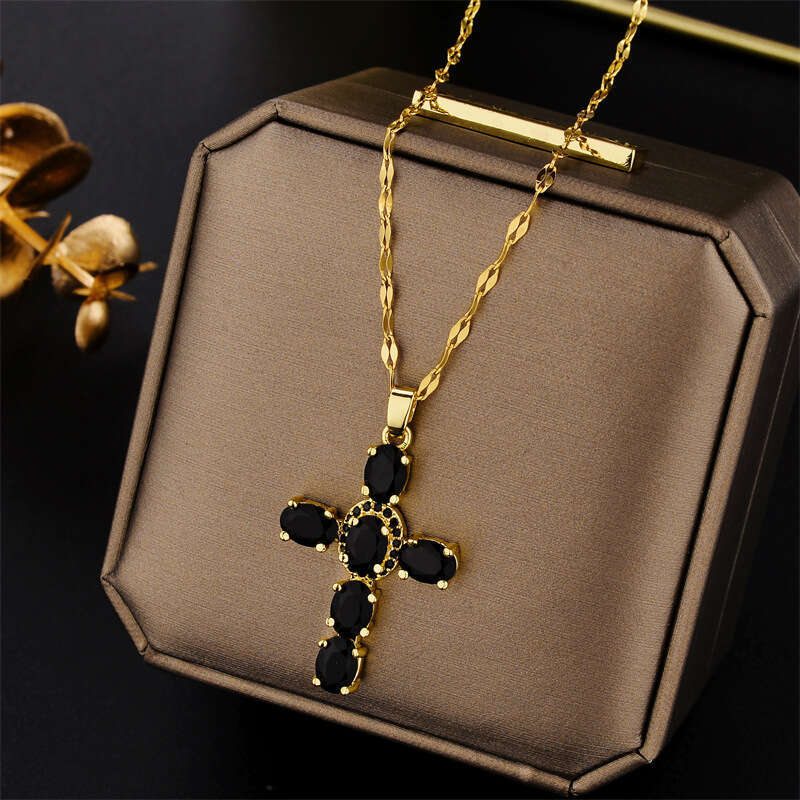 Copper Micro-Inlaid Zircon Multi-Color Cross Pendant Hip-Hop Necklace Clavicle Chain