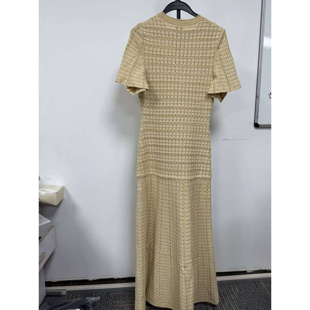 Spring New Women Fashion Hot Diamond Threaded Knitted Dress High Waist Short Sleeve Pleated Robe For Lady Mdng260223