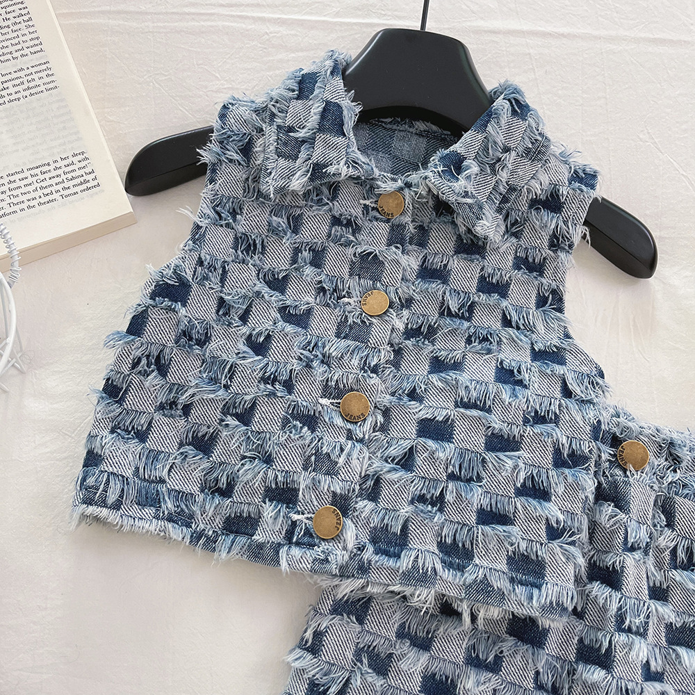 2026 New Designer Luxury Brand Summer Brushed Plaid Denim Vest Skirt Breathable Set Baby Fashion Style Lapel Set 6517